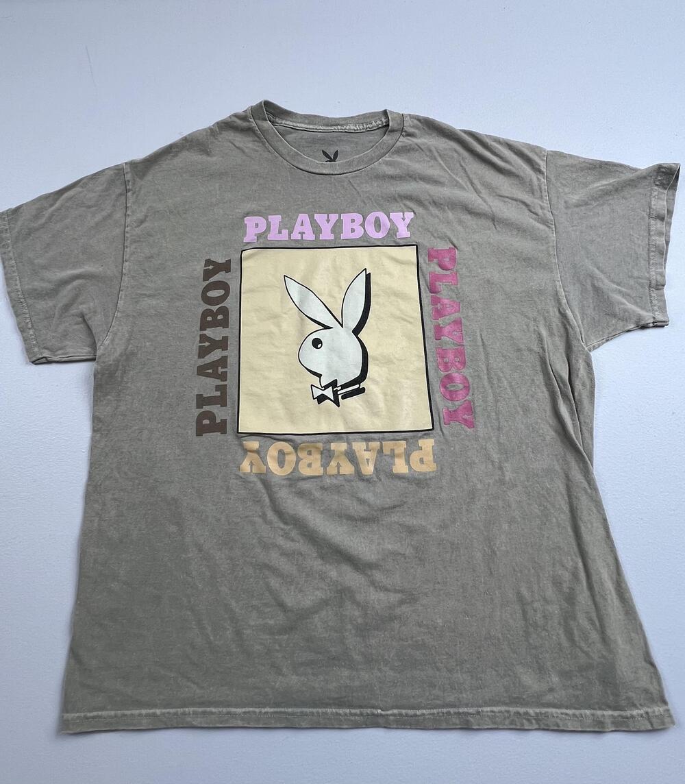 Playboy Shirt Mens XL Gray Bunny Logo Graphic Tee Tagless Pastel Square Print